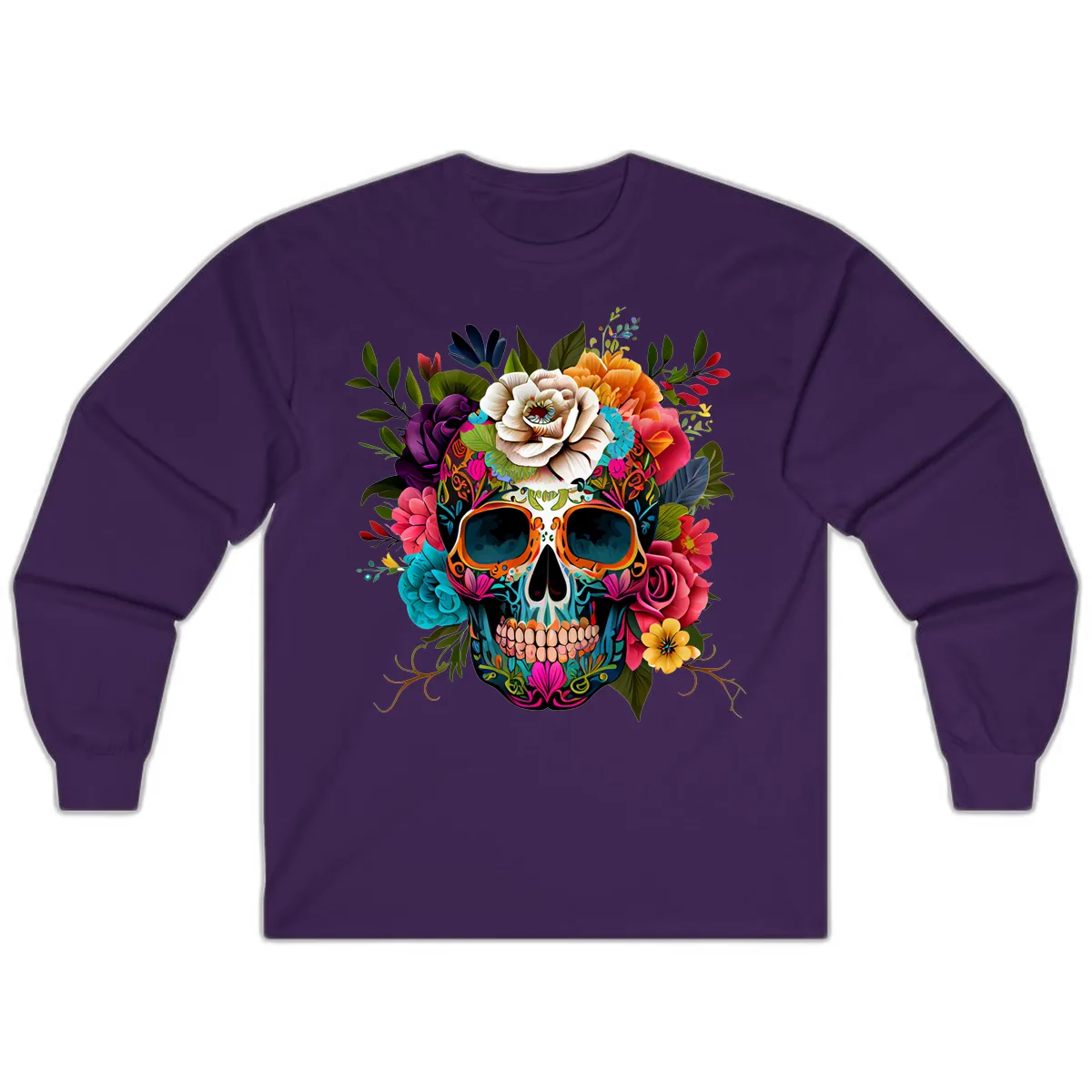 Vibrant Floral Calavera Skull Adorned with Blossoms Long Sleeve in Purple