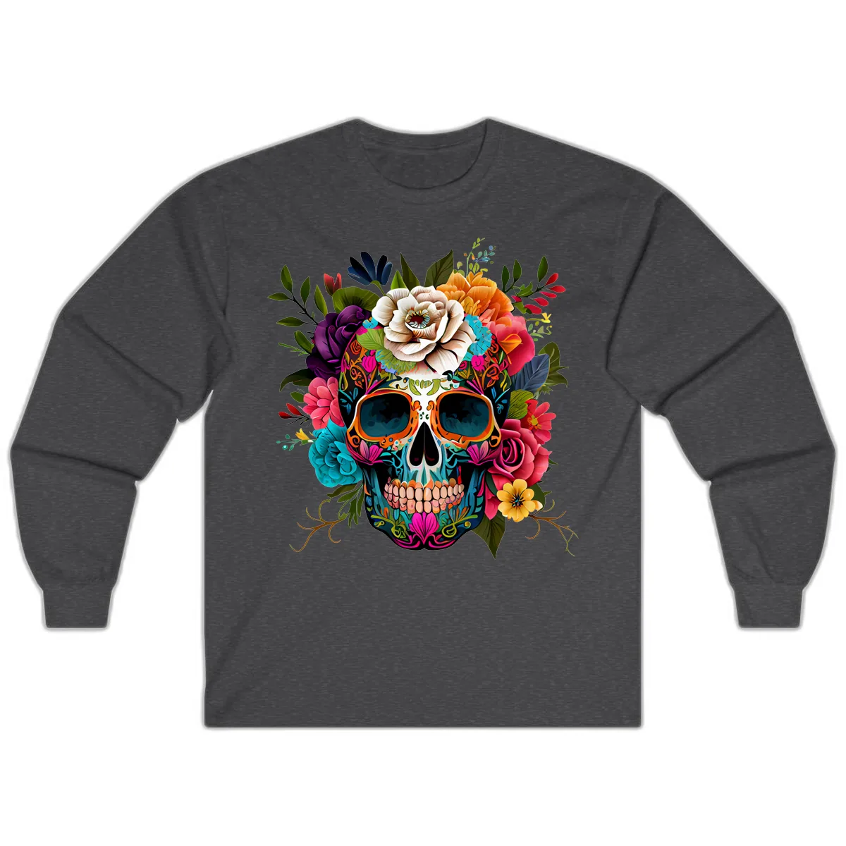 Vibrant Floral Calavera Skull Adorned with Blossoms Long Sleeve in Dark Heather