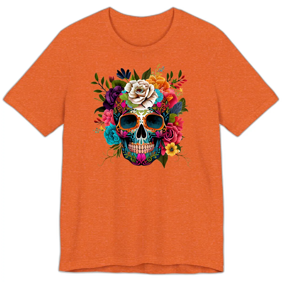 Vibrant Floral Calavera Skull Adorned with Blossoms Premium T-Shirt in Heather Orange