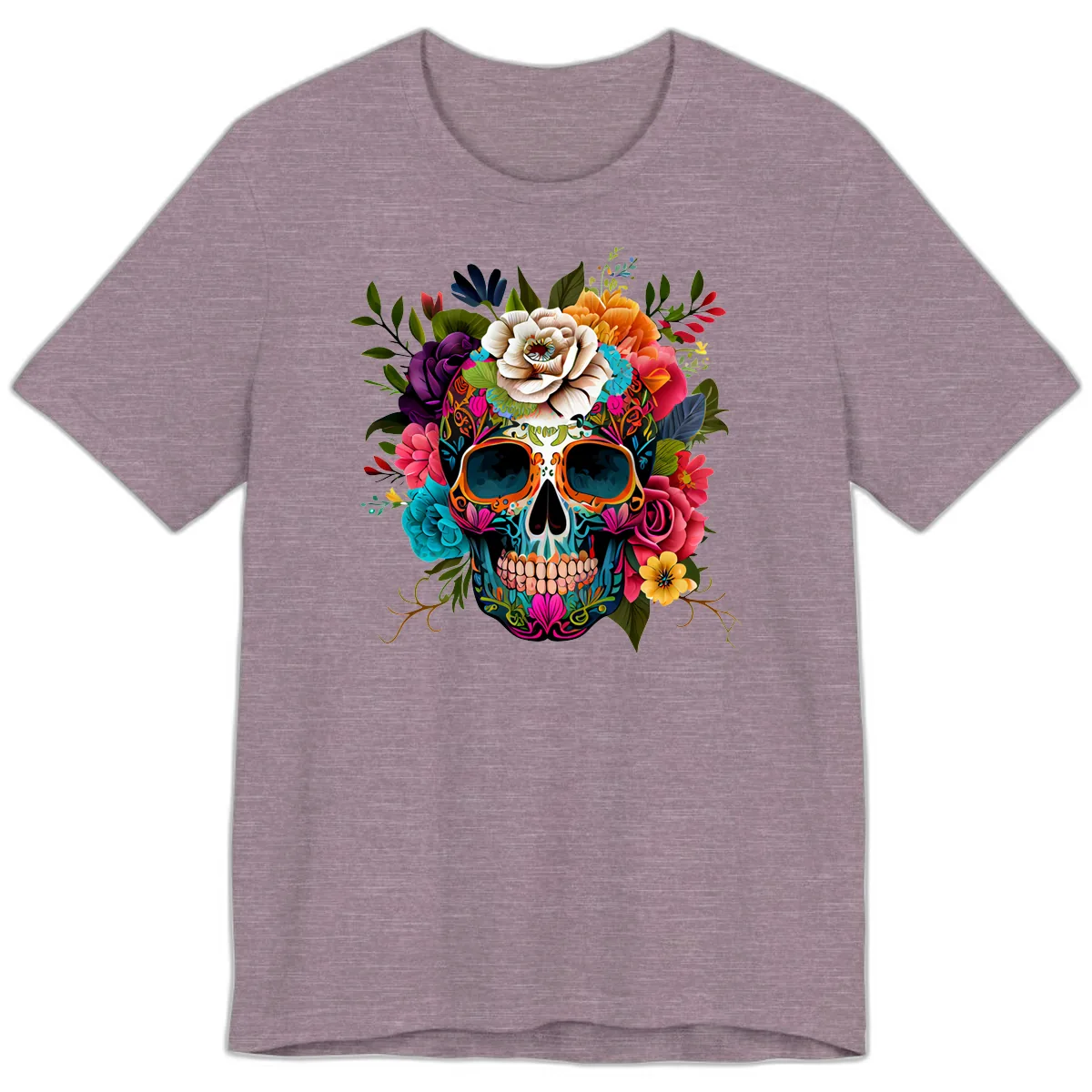 Vibrant Floral Calavera Skull Adorned with Blossoms Premium T-Shirt in Heather Purple