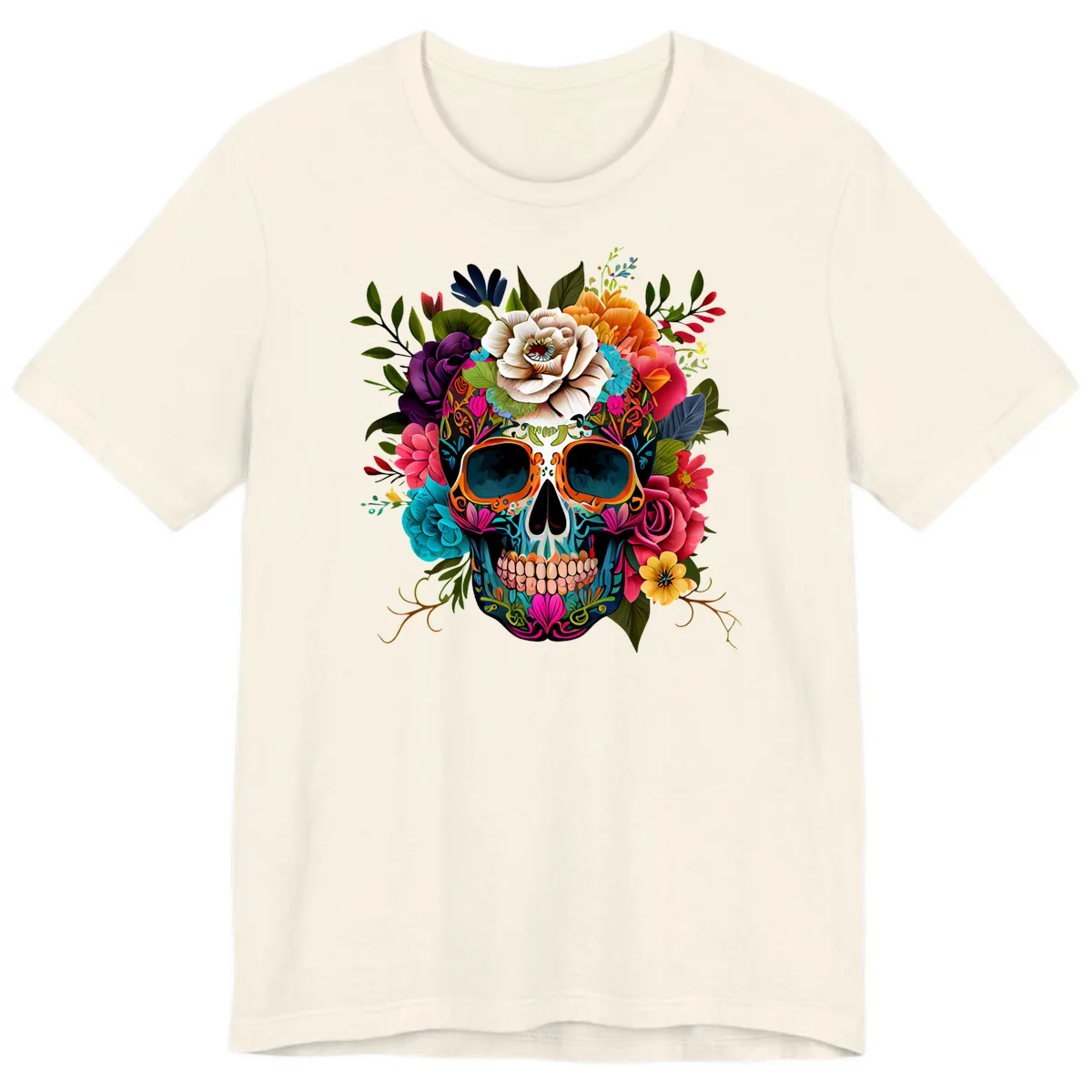 Vibrant Floral Calavera Skull Adorned with Blossoms Premium T-Shirt in Natural