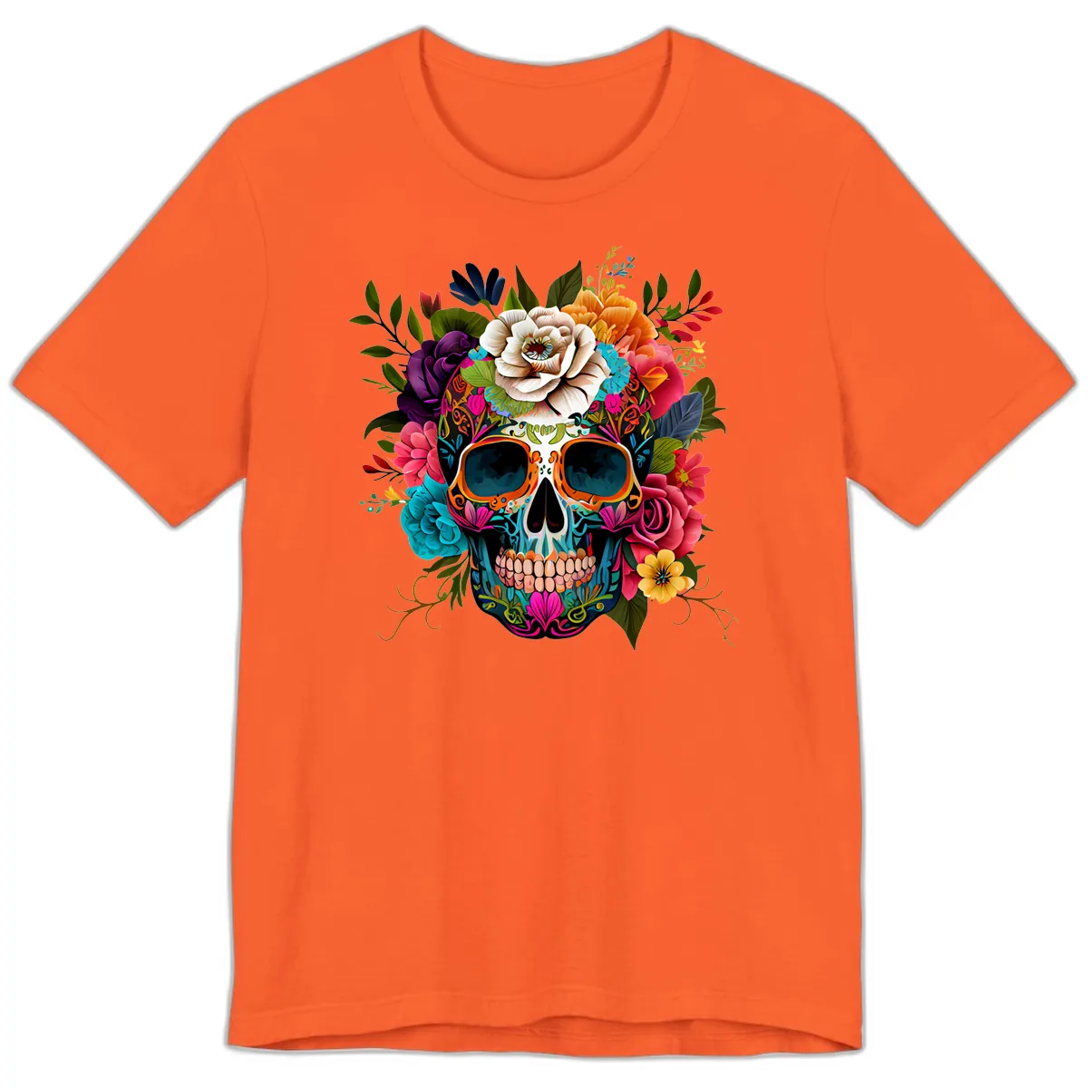 Vibrant Floral Calavera Skull Adorned with Blossoms Premium T-Shirt in Orange