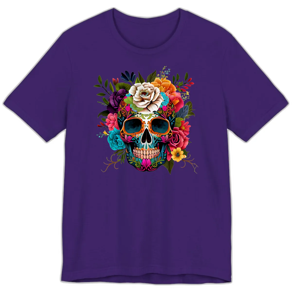 Vibrant Floral Calavera Skull Adorned with Blossoms Premium T-Shirt in Team Purple