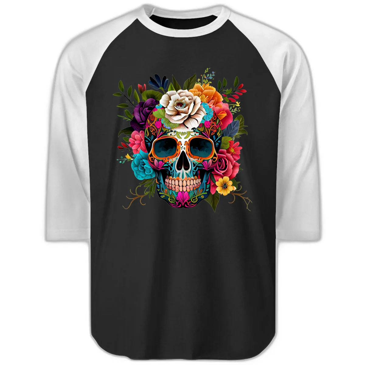Vibrant Floral Calavera Skull Adorned with Blossoms Raglan 3/4 in Black White