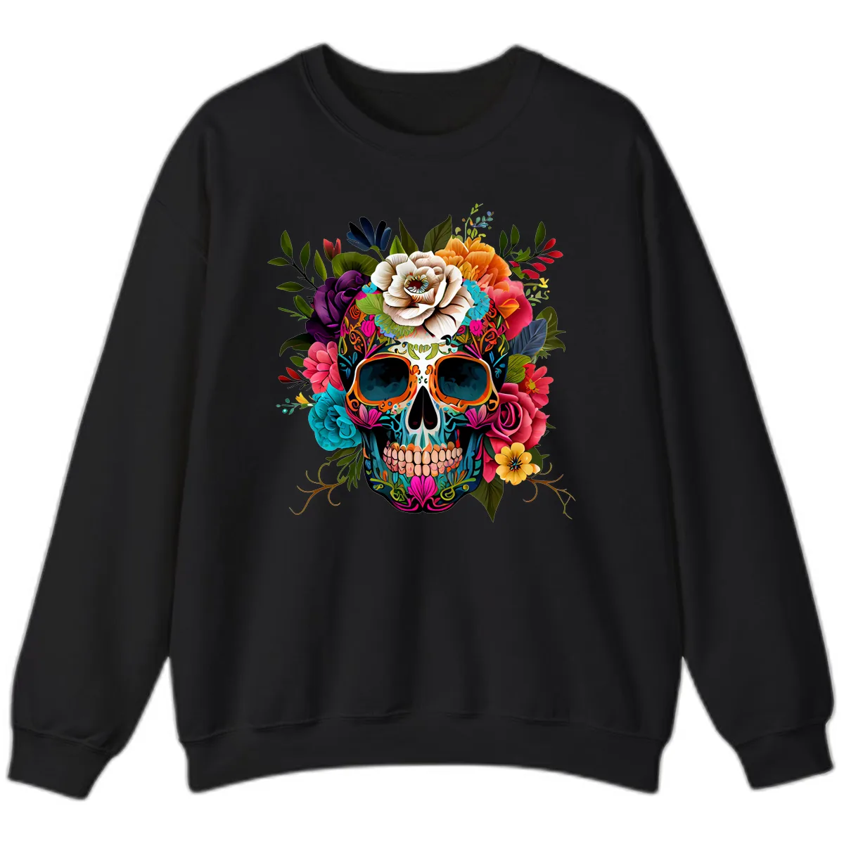 Vibrant Floral Calavera Skull Adorned with Blossoms Sweatshirt in Black