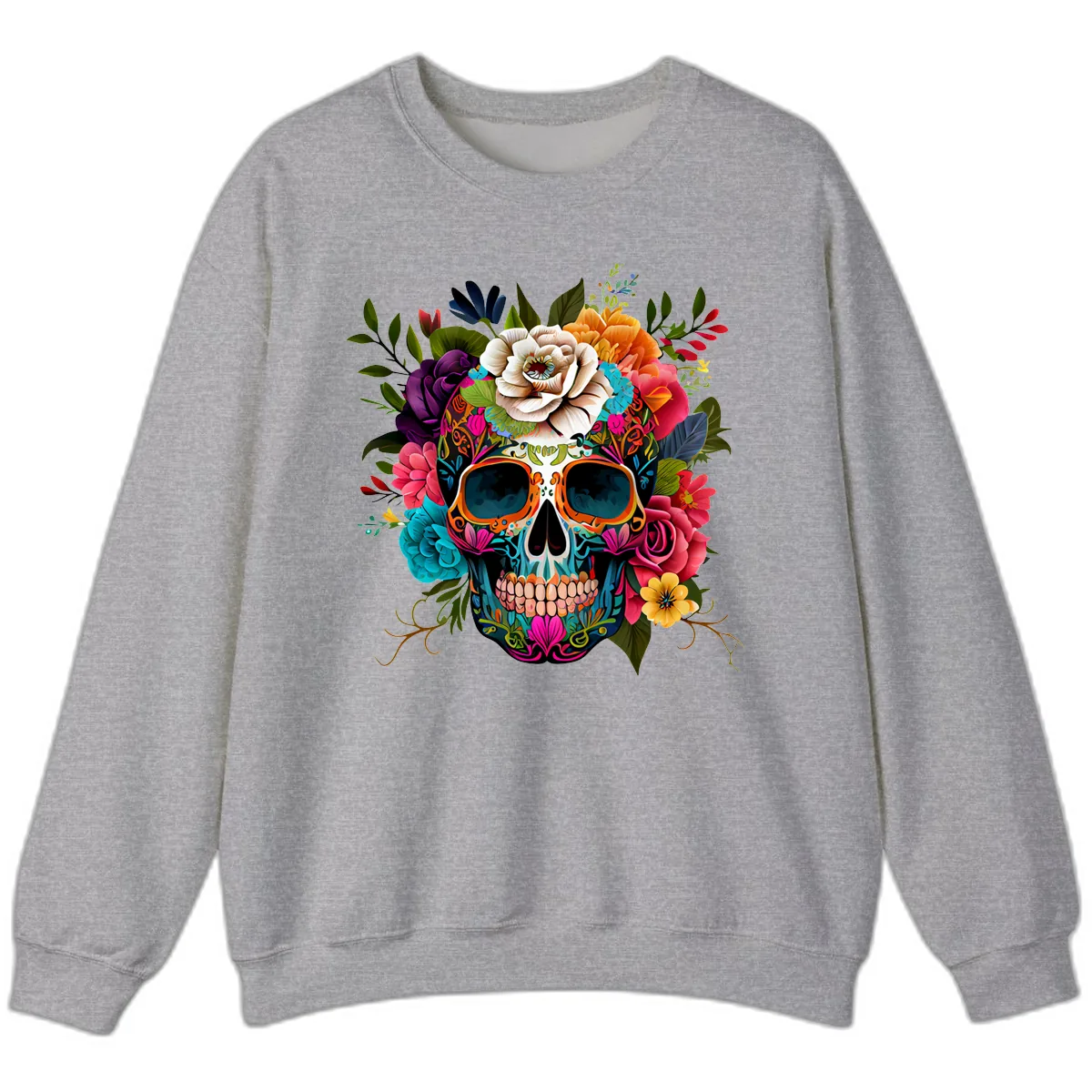 Vibrant Floral Calavera Skull Adorned with Blossoms Sweatshirt in Sport Grey