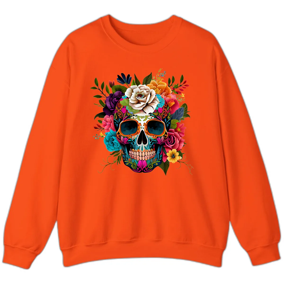 Vibrant Floral Calavera Skull Adorned with Blossoms Sweatshirt in Orange