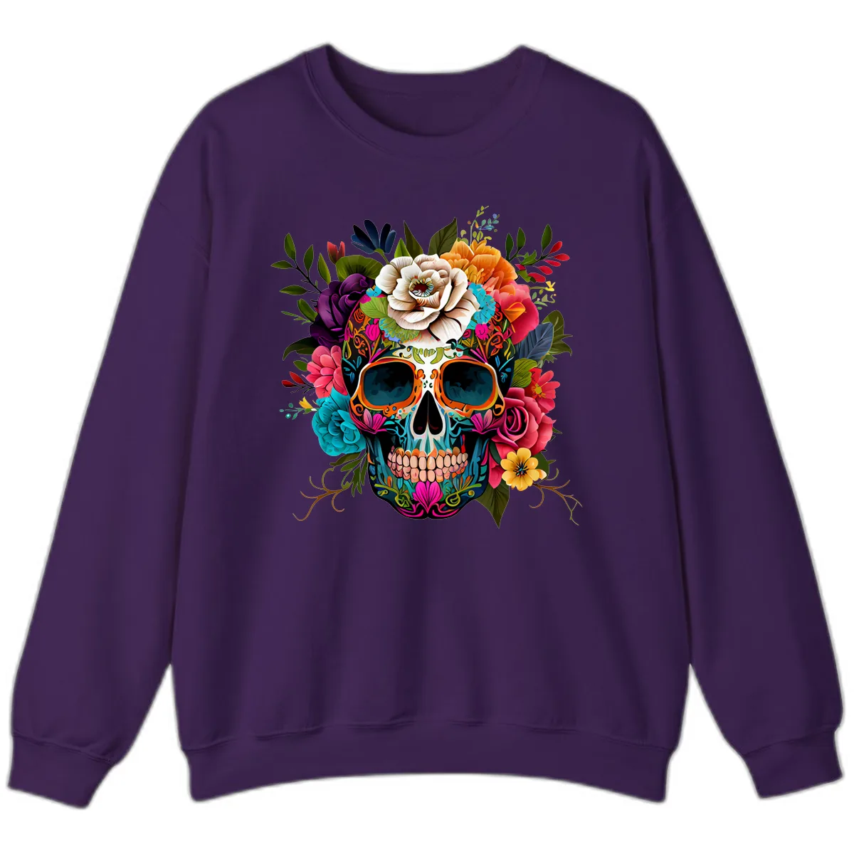 Vibrant Floral Calavera Skull Adorned with Blossoms Sweatshirt in Purple