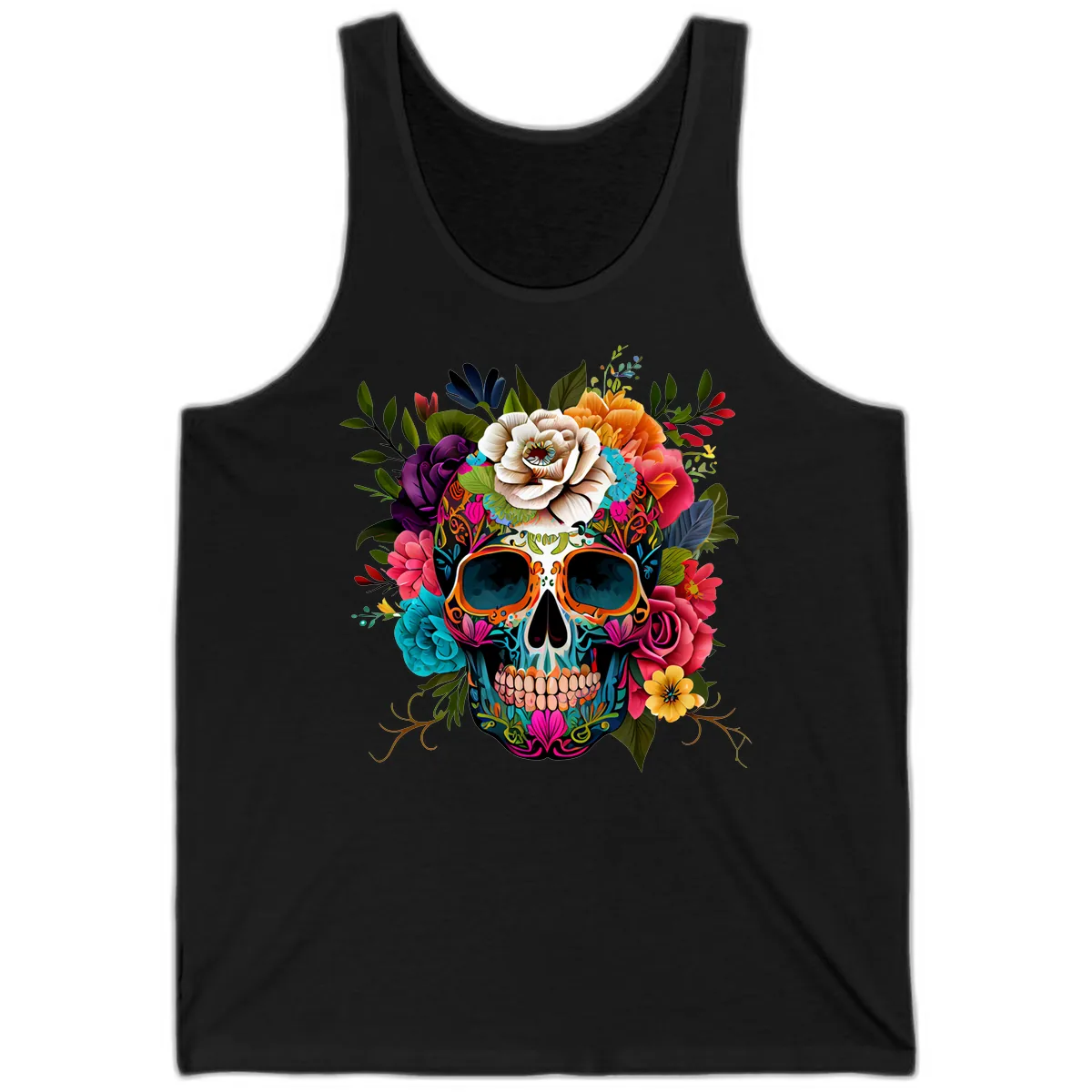 Vibrant Floral Calavera Skull Adorned with Blossoms Tank in Black