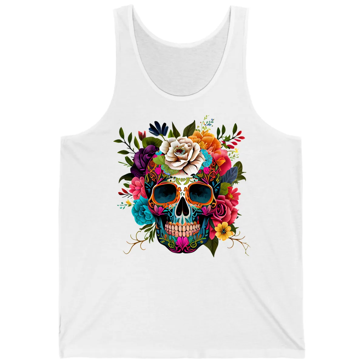 Vibrant Floral Calavera Skull Adorned with Blossoms Tank in White