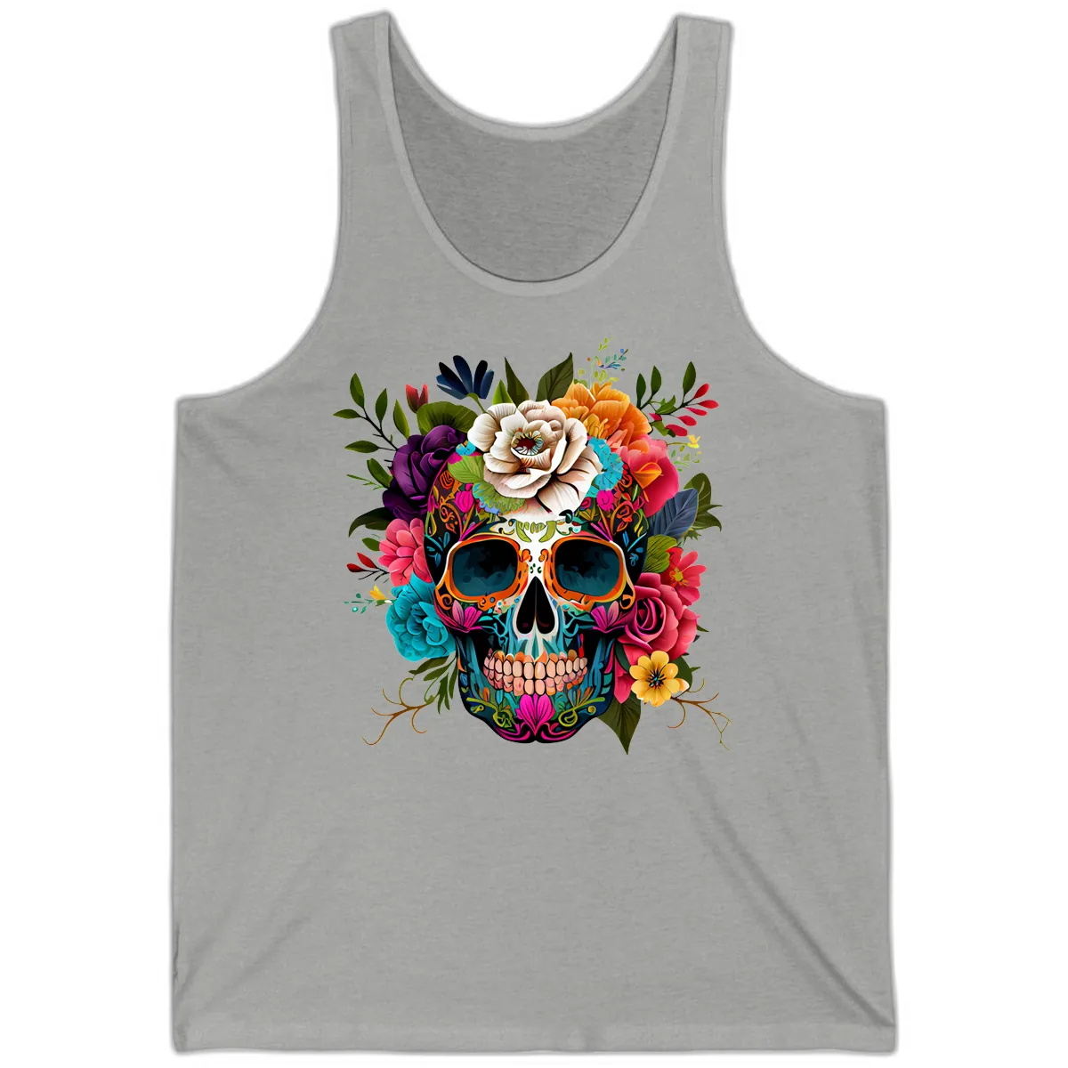 Vibrant Floral Calavera Skull Adorned with Blossoms Tank in Athletic Heather