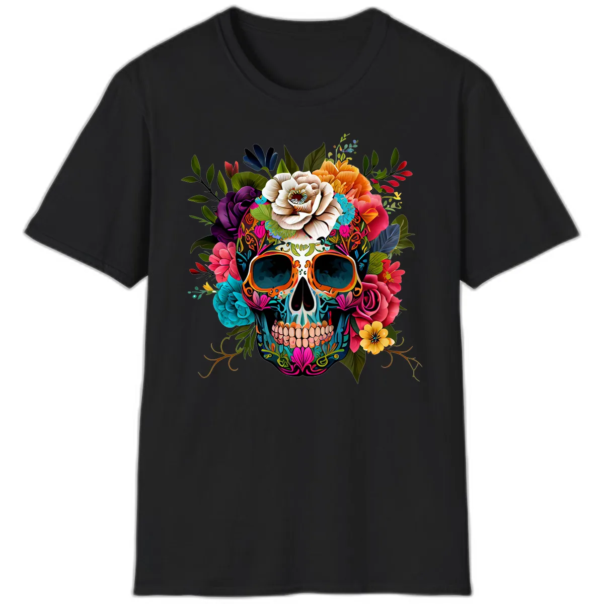 Vibrant Floral Calavera Skull Adorned with Blossoms T-Shirt in Black