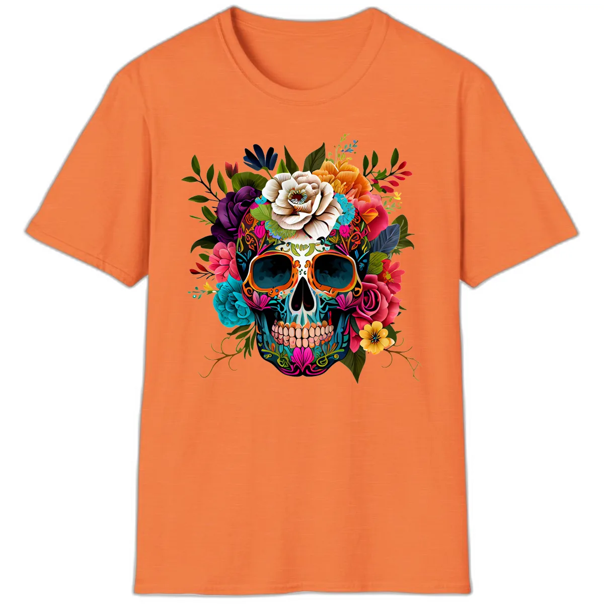 Vibrant Floral Calavera Skull Adorned with Blossoms T-Shirt in Heather Orange