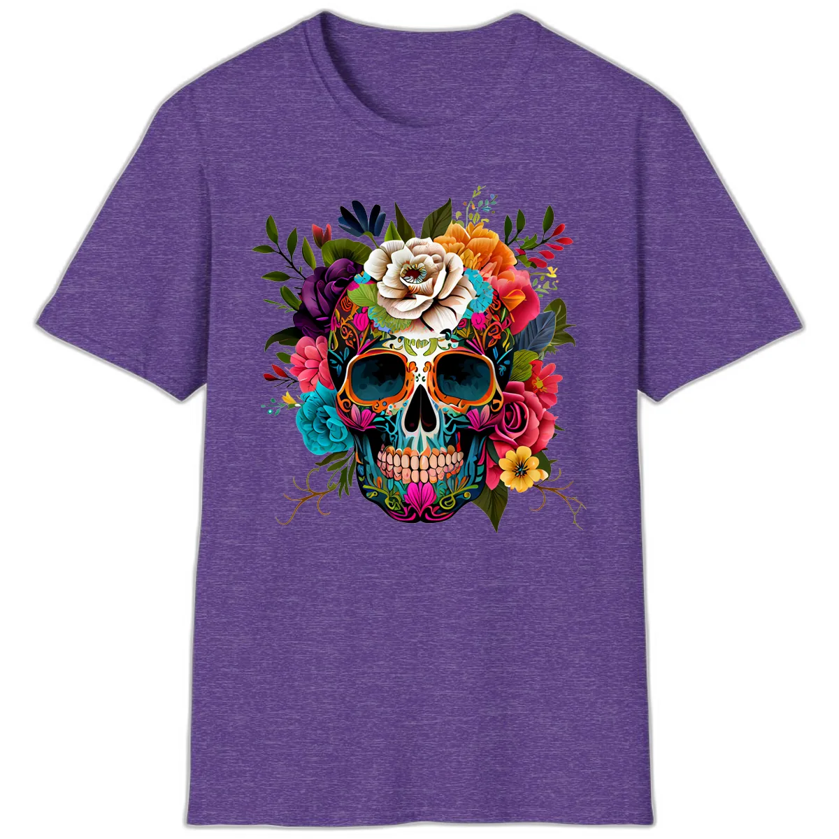 Vibrant Floral Calavera Skull Adorned with Blossoms T-Shirt in Heather Purple