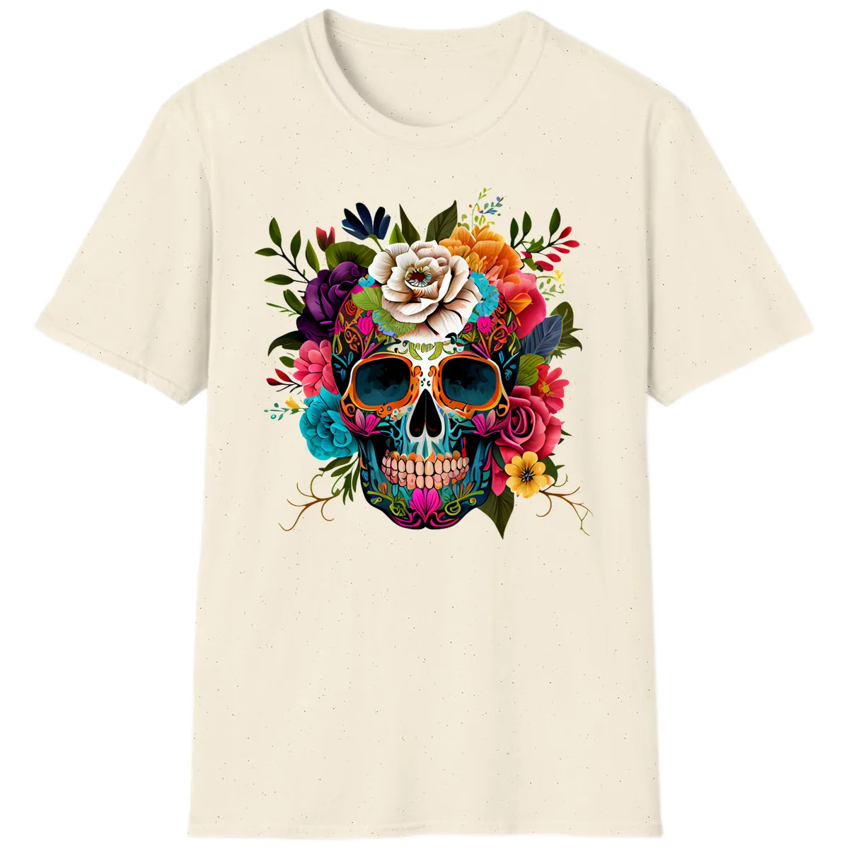 Vibrant Floral Calavera Skull Adorned with Blossoms T-Shirt in Natural