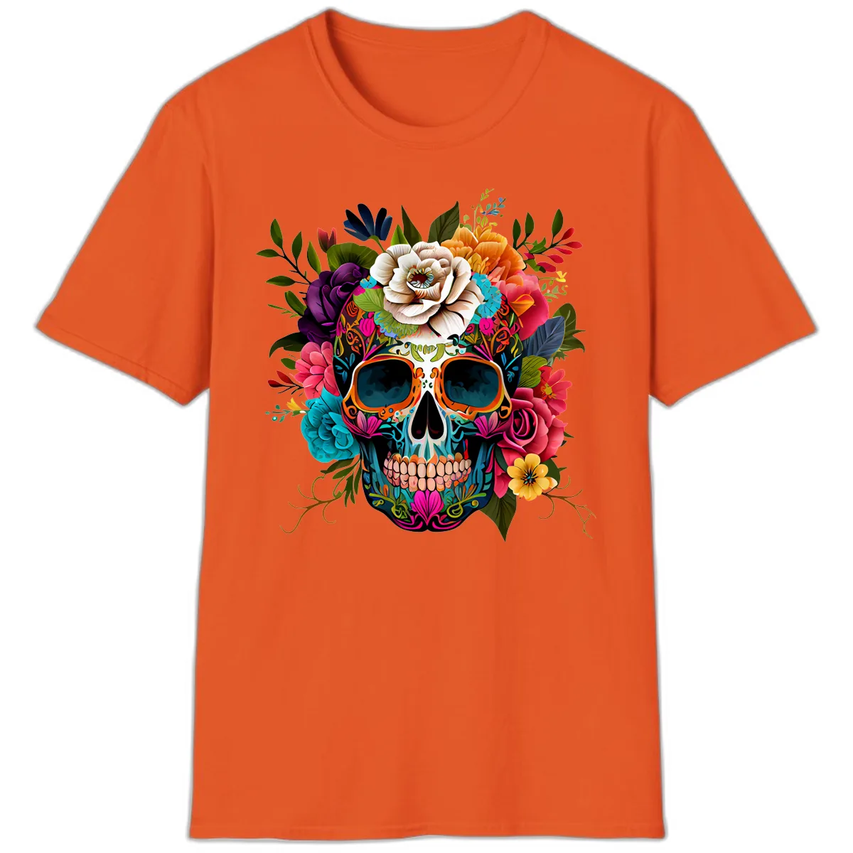 Vibrant Floral Calavera Skull Adorned with Blossoms T-Shirt in Orange