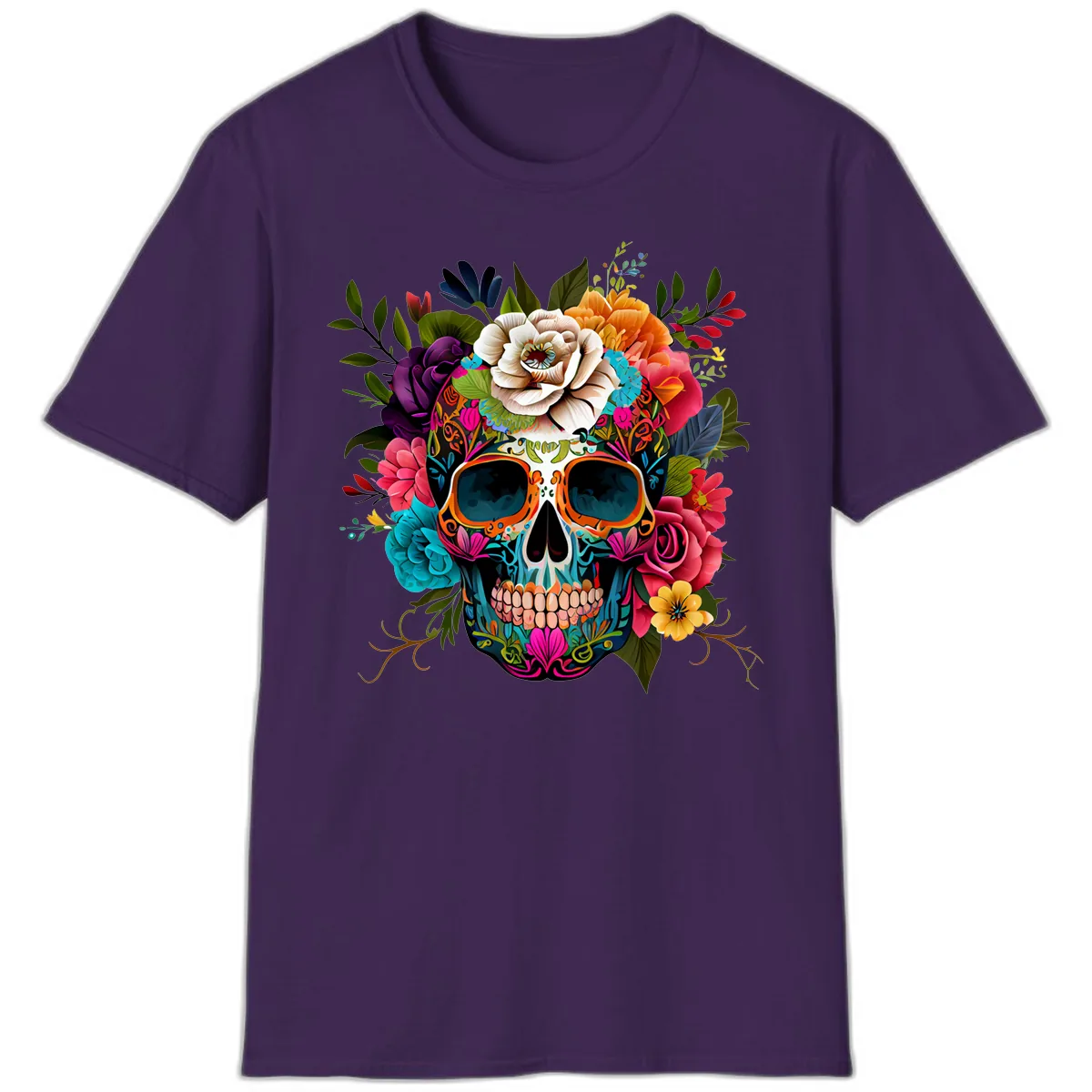 Vibrant Floral Calavera Skull Adorned with Blossoms T-Shirt in Purple