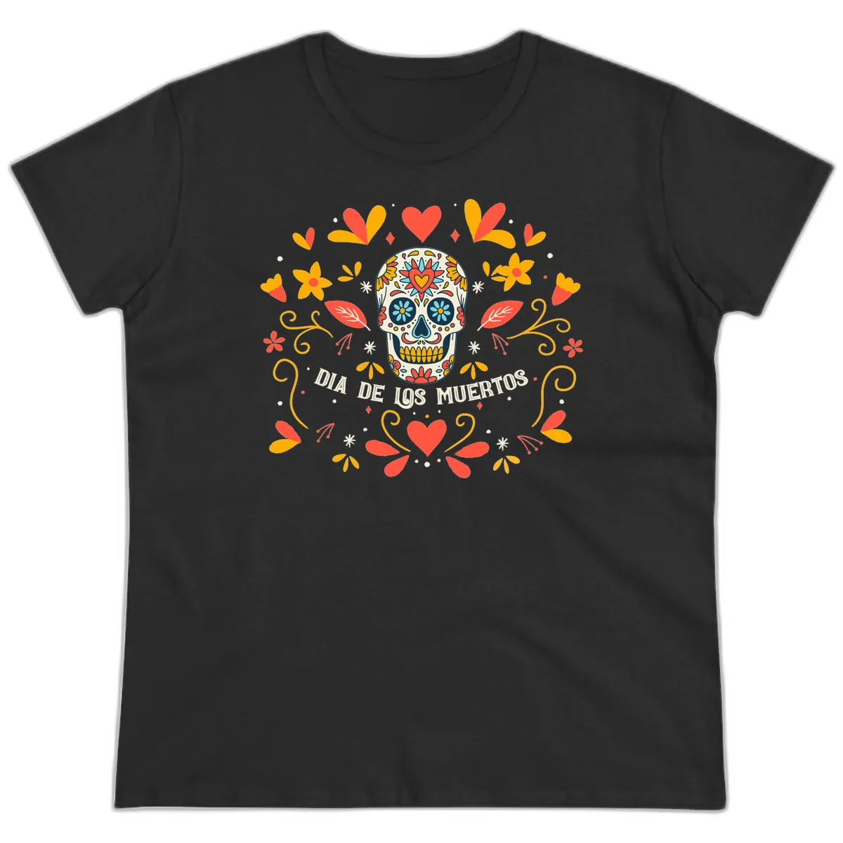 Día de los Muertos Sugar Skull Floral Frame Ladies Tee in Black