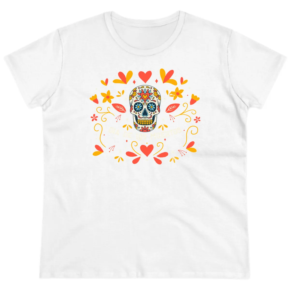 Día de los Muertos Sugar Skull Floral Frame Ladies Tee in White