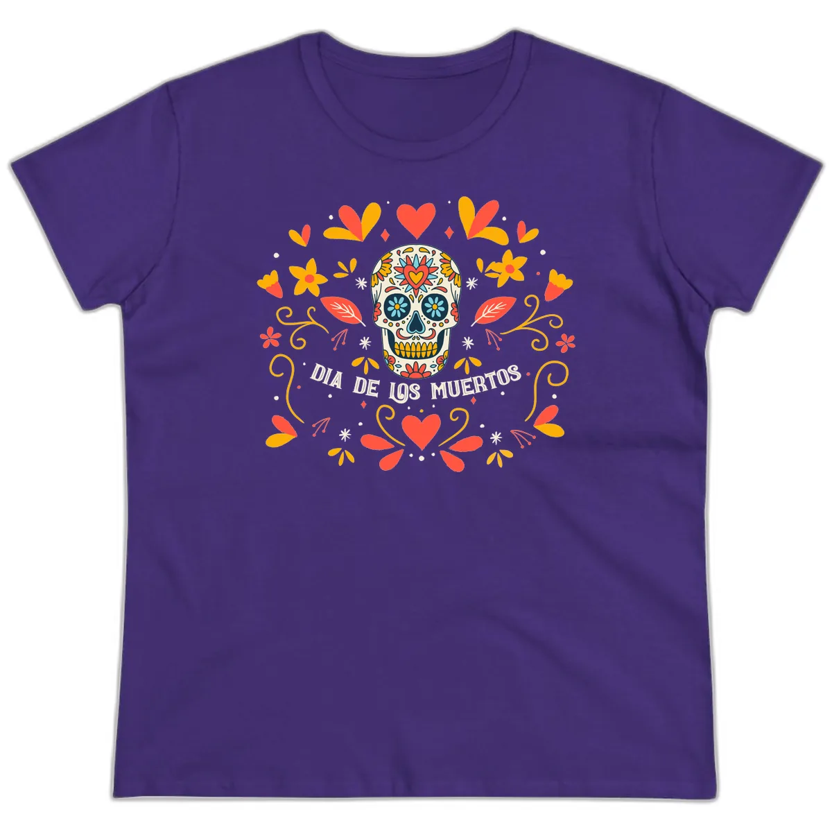 Día de los Muertos Sugar Skull Floral Frame Ladies Tee in Purple