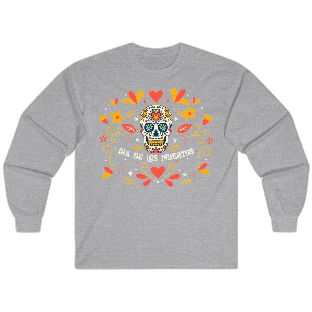 Día de los Muertos Sugar Skull Floral Frame Long Sleeve in Sport Grey