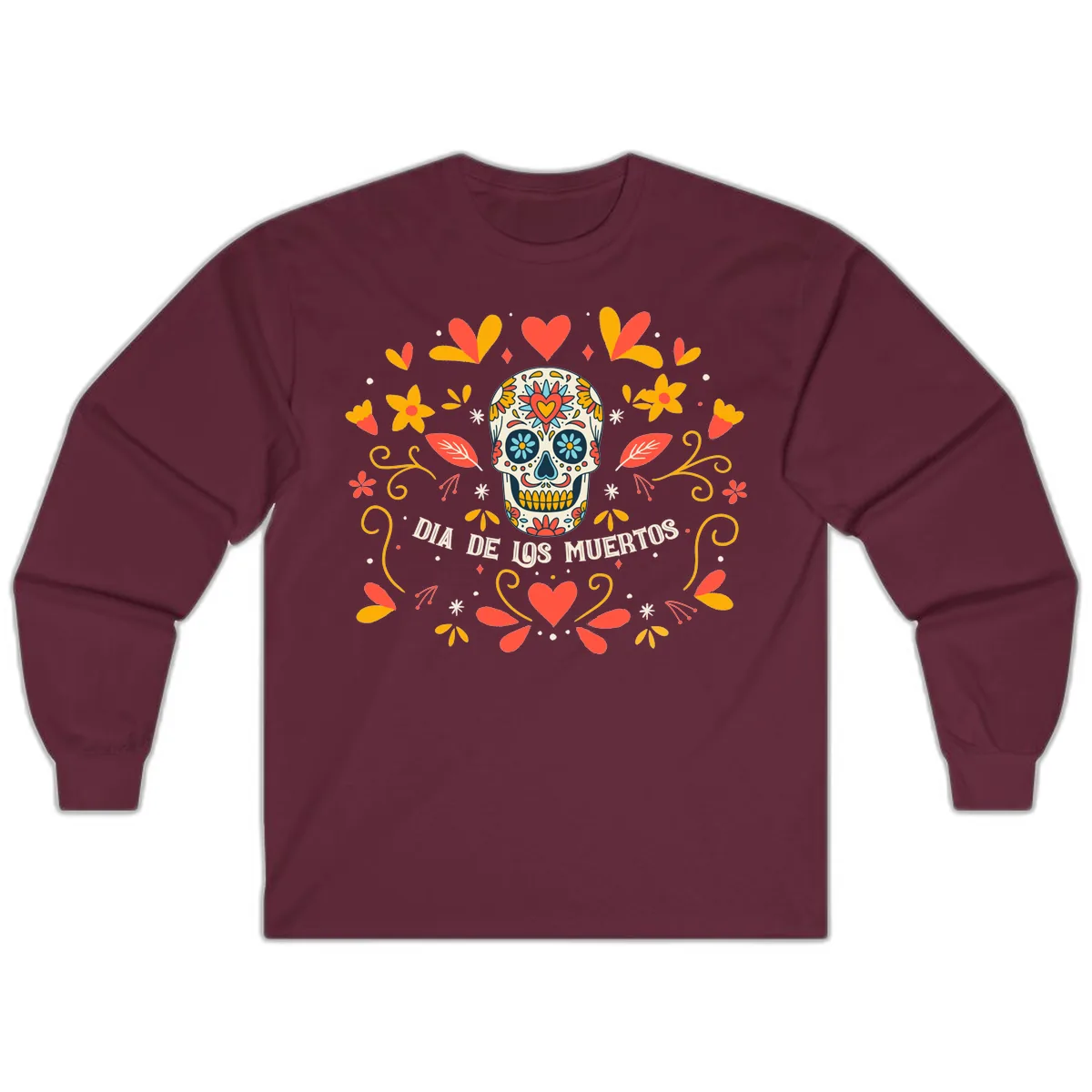 Día de los Muertos Sugar Skull Floral Frame Long Sleeve in Maroon