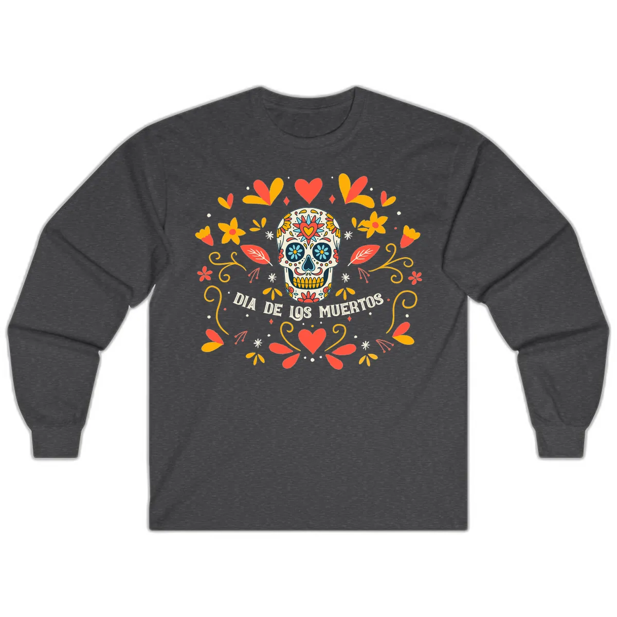 Día de los Muertos Sugar Skull Floral Frame Long Sleeve in Dark Heather