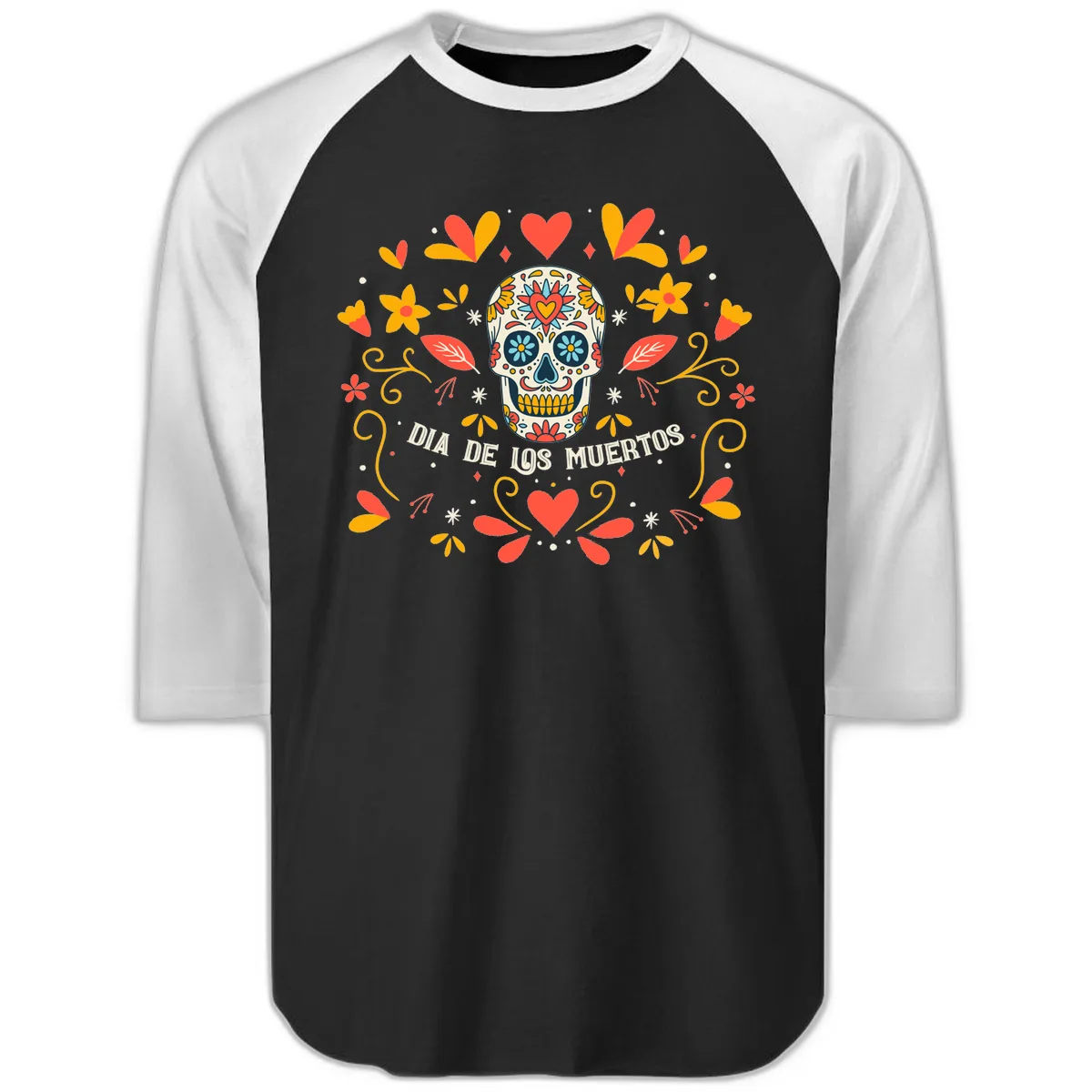 Día de los Muertos Sugar Skull Floral Frame Raglan 3/4 in Black White