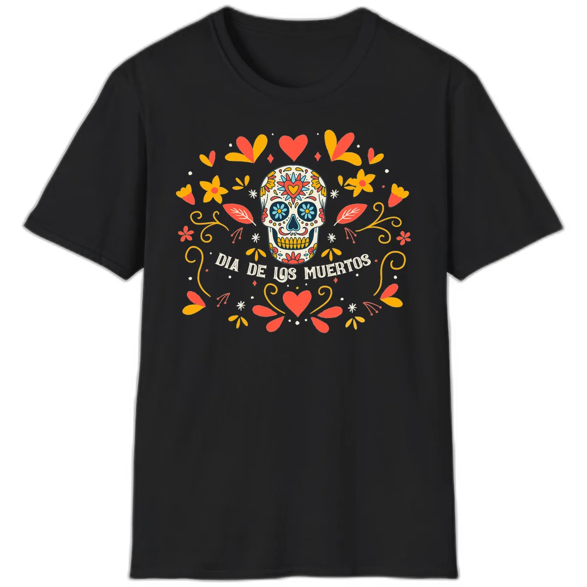 Día de los Muertos Sugar Skull Floral Frame T-Shirt in Black