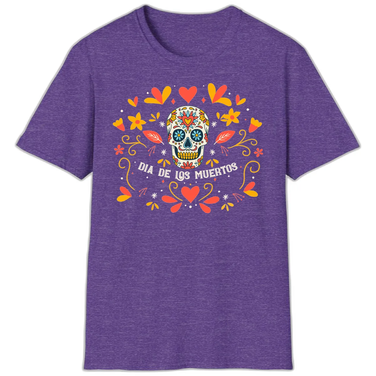 Día de los Muertos Sugar Skull Floral Frame T-Shirt in Heather Purple