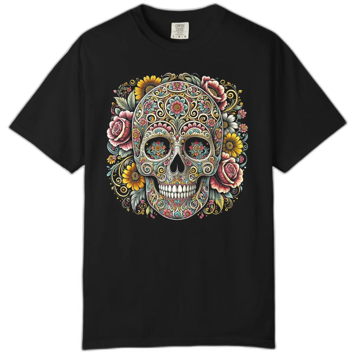 Intricate Floral Calavera Skull Comfort Color in Black