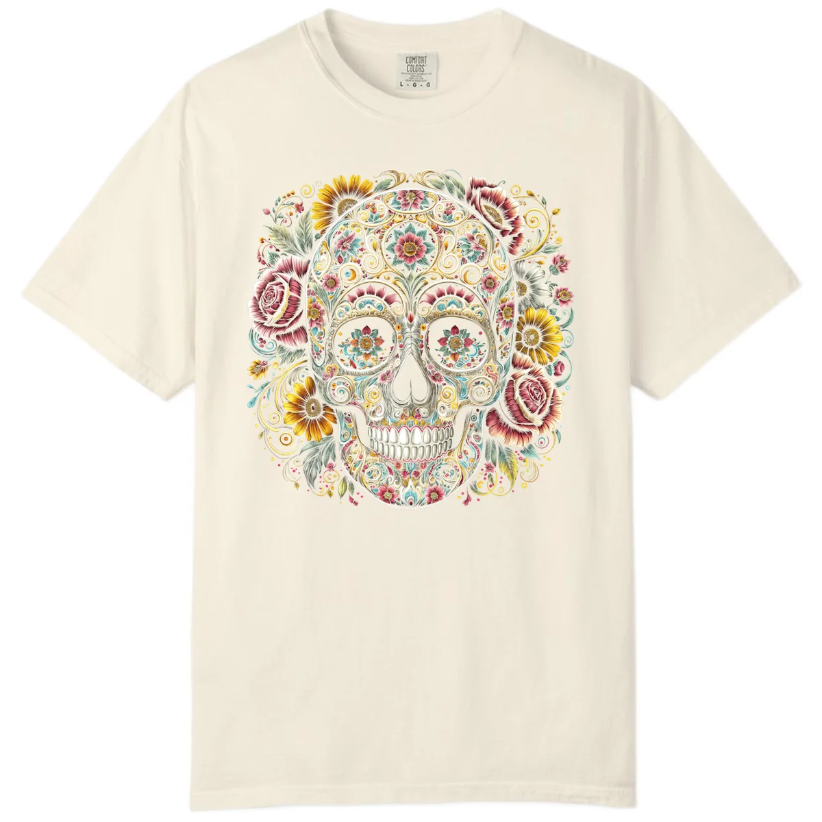 Intricate Floral Calavera Skull Comfort Color in Ivory