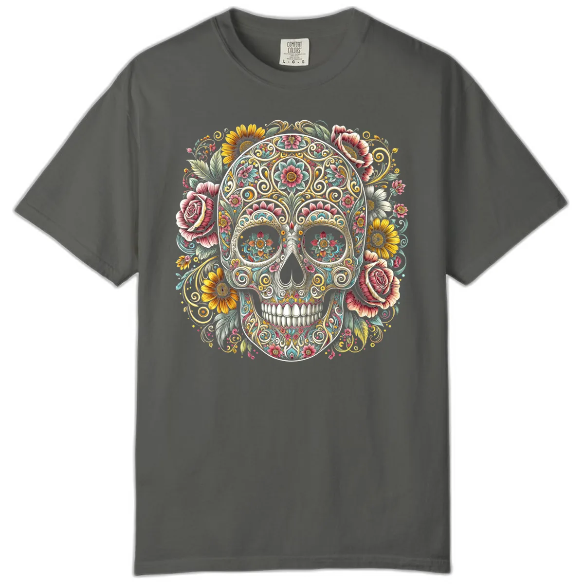 Intricate Floral Calavera Skull Comfort Color in Pepper
