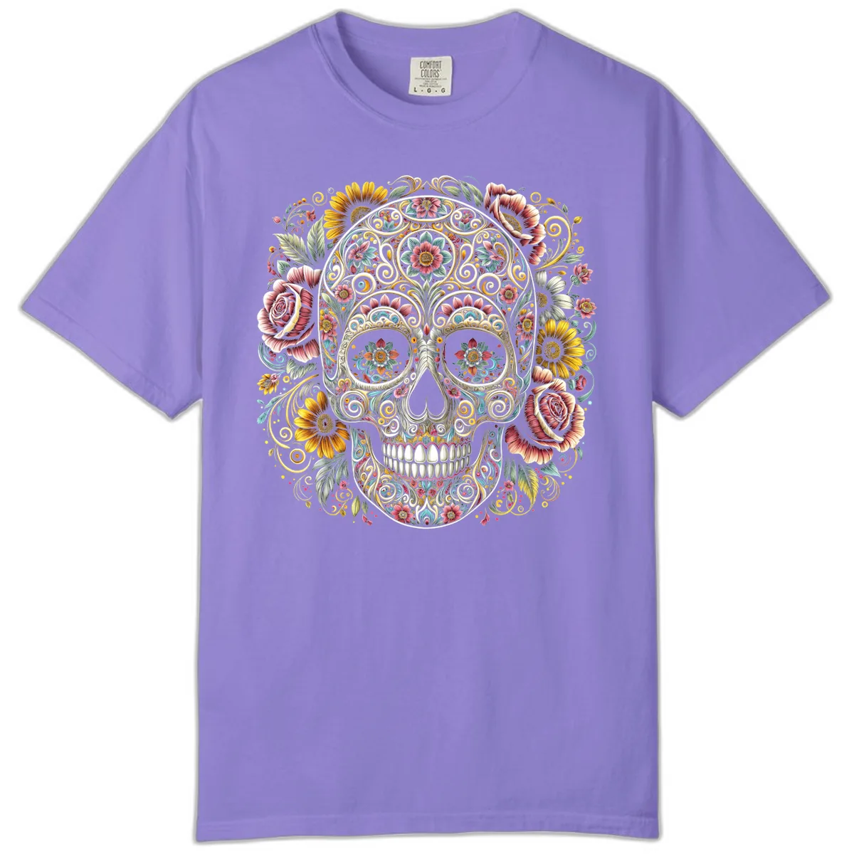 Intricate Floral Calavera Skull Comfort Color in Violet