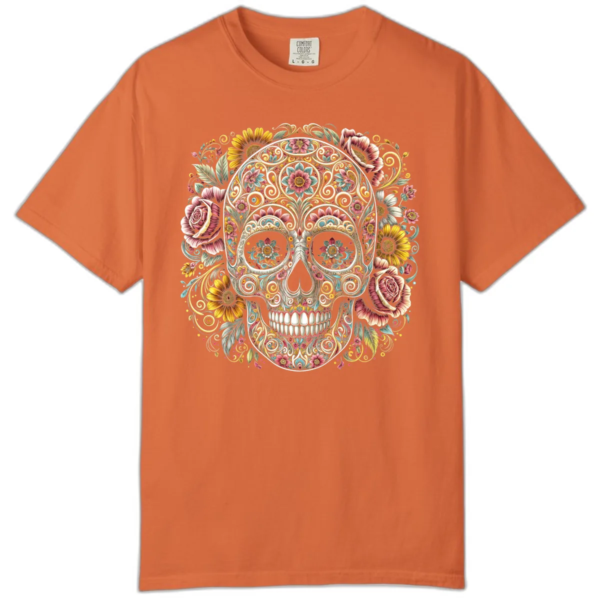 Intricate Floral Calavera Skull Comfort Color in Burnt Orange