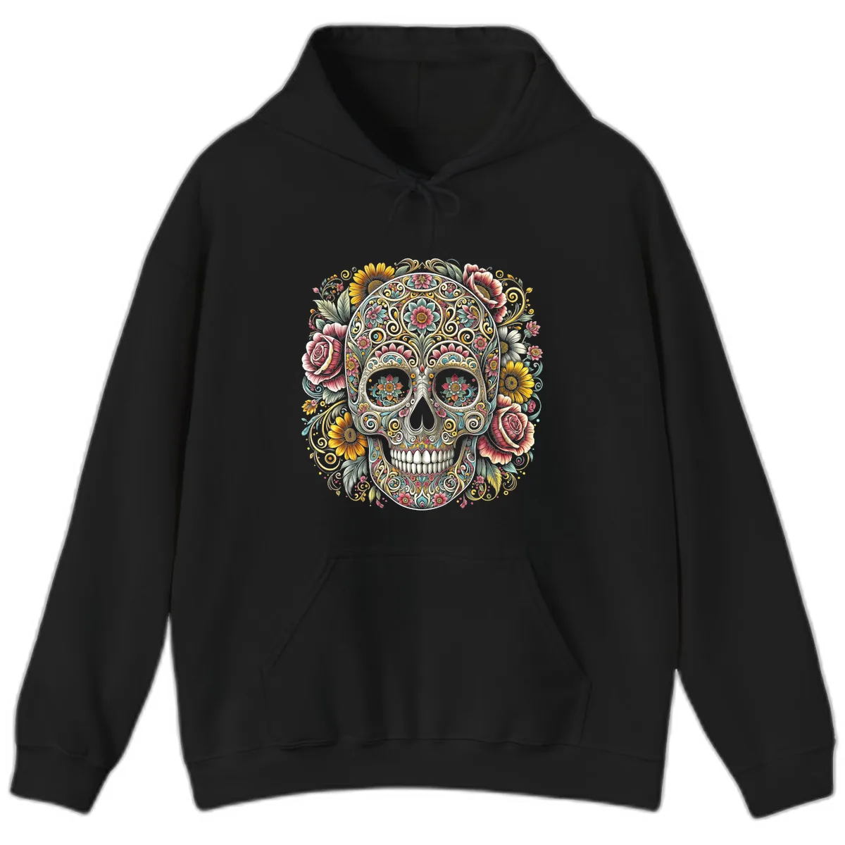 Intricate Floral Calavera Skull Hoodie in Black