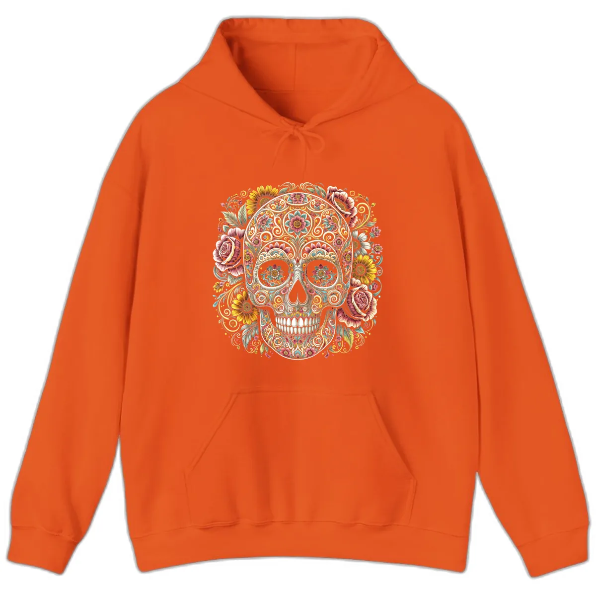 Intricate Floral Calavera Skull Hoodie in Orange