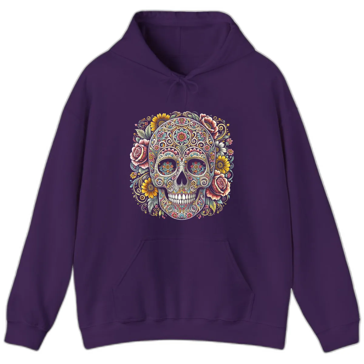 Intricate Floral Calavera Skull Hoodie in Purple