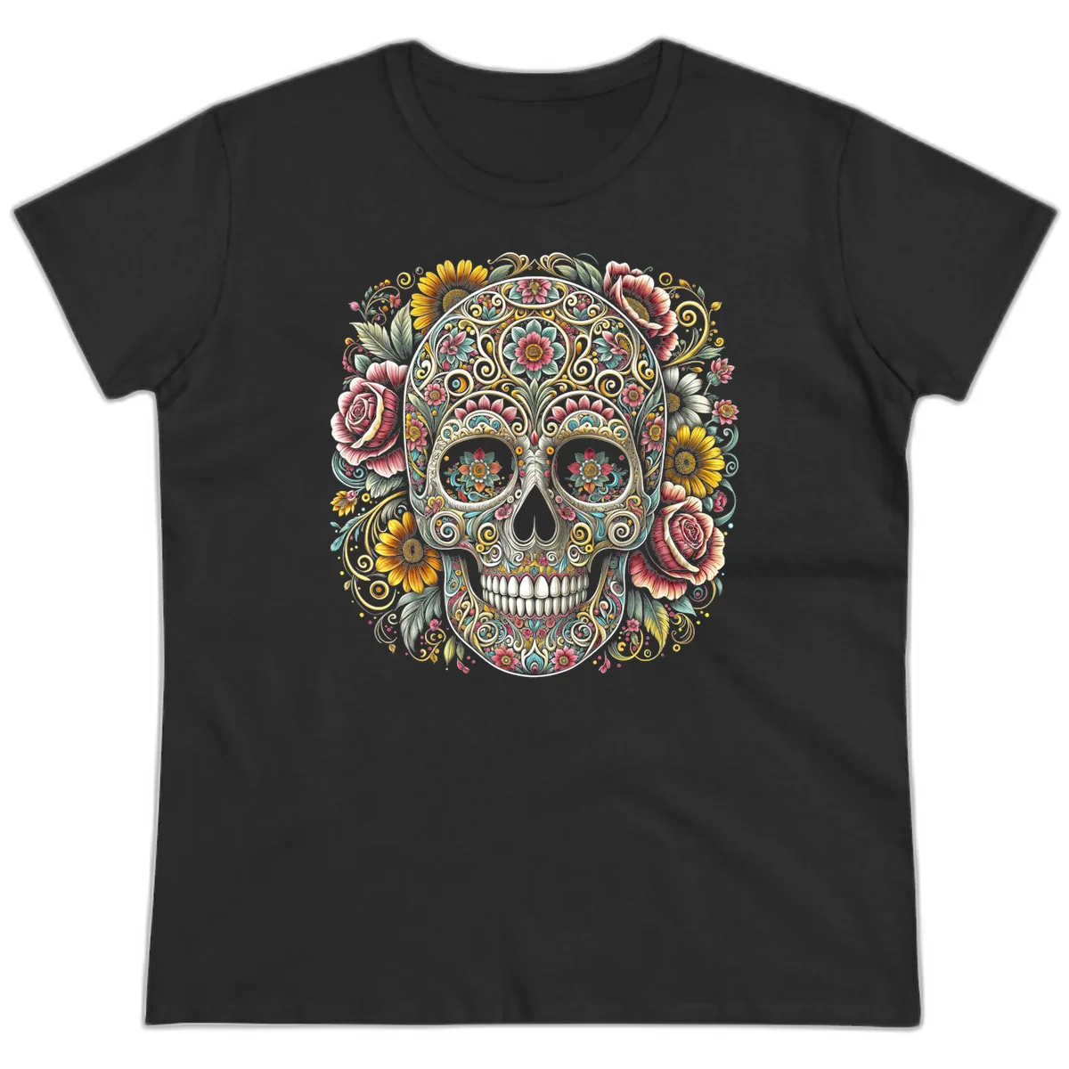 Intricate Floral Calavera Skull Ladies Tee in Black