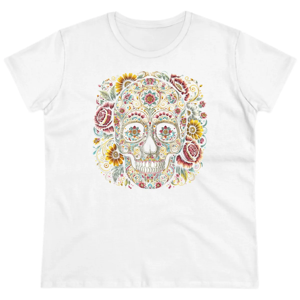 Intricate Floral Calavera Skull Ladies Tee in White