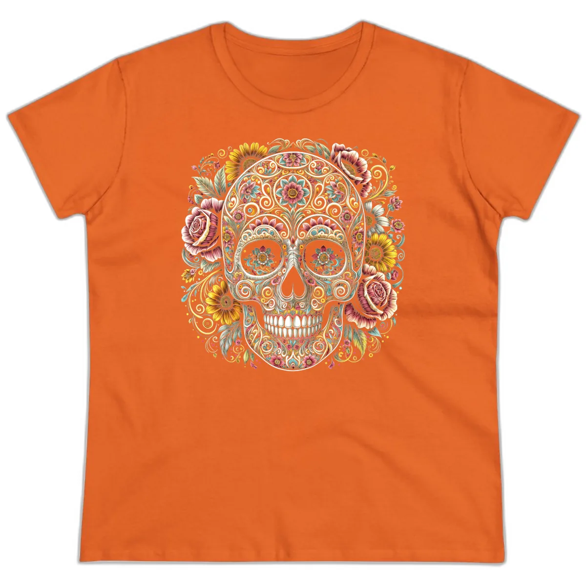 Intricate Floral Calavera Skull Ladies Tee in Orange