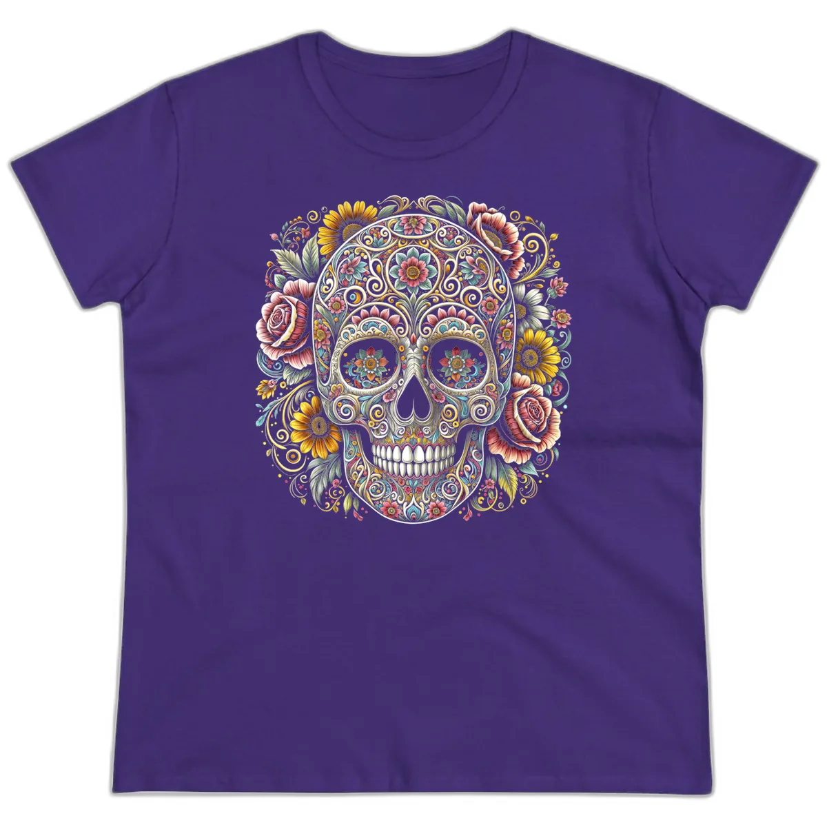 Intricate Floral Calavera Skull Ladies Tee in Purple