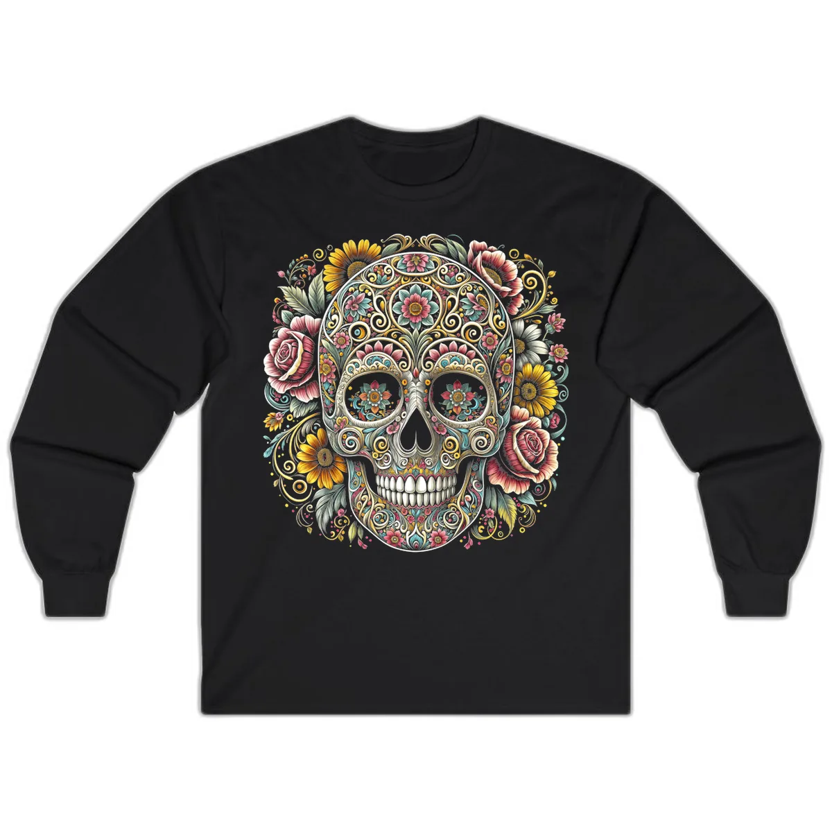 Intricate Floral Calavera Skull Long Sleeve in Black