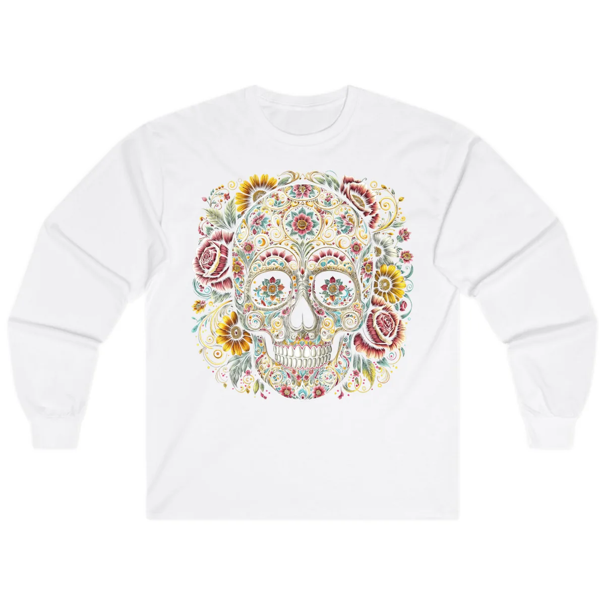 Intricate Floral Calavera Skull Long Sleeve in White