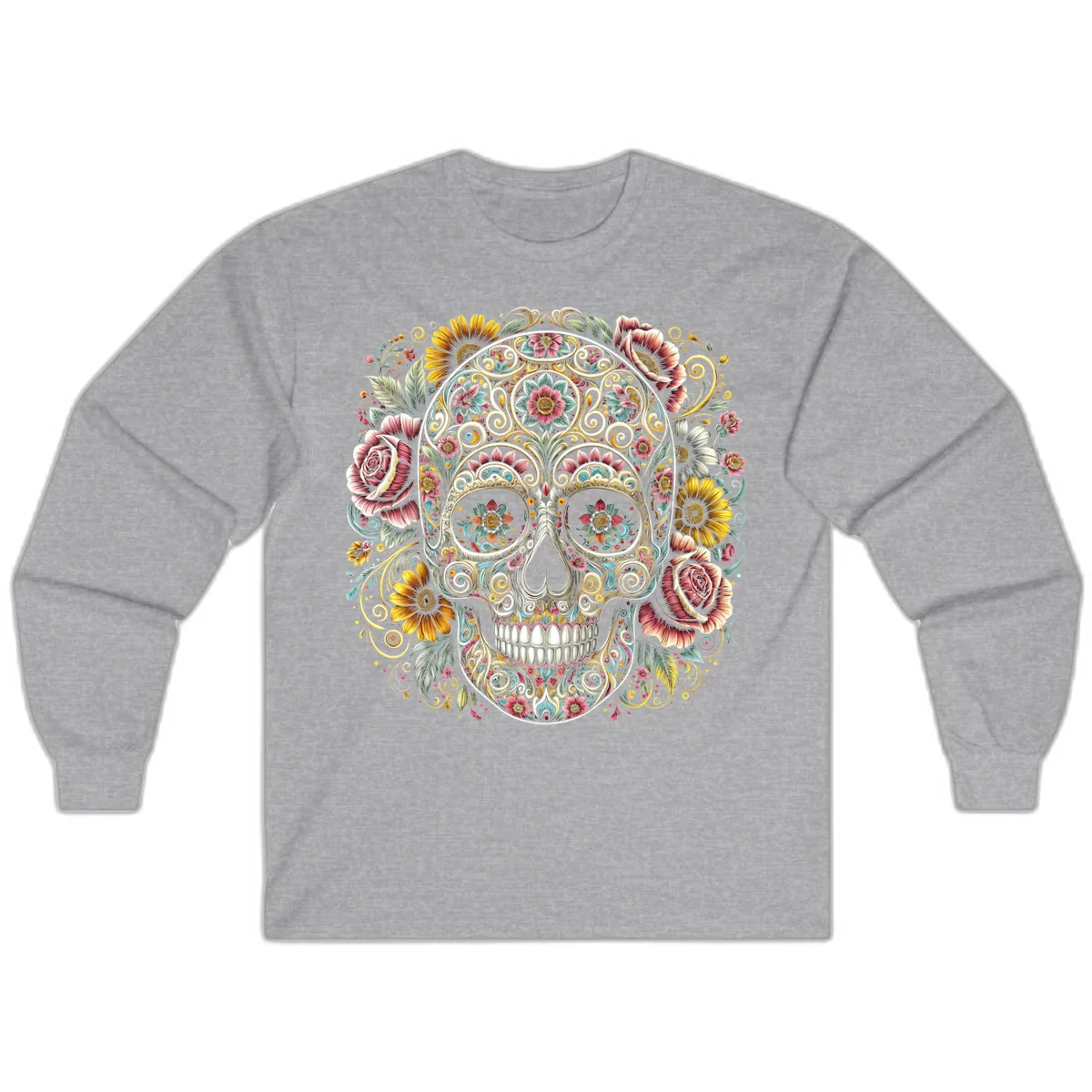 Intricate Floral Calavera Skull Long Sleeve in Sport Grey