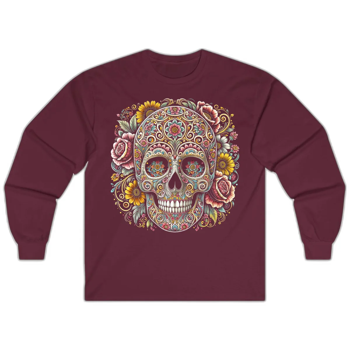 Intricate Floral Calavera Skull Long Sleeve in Maroon