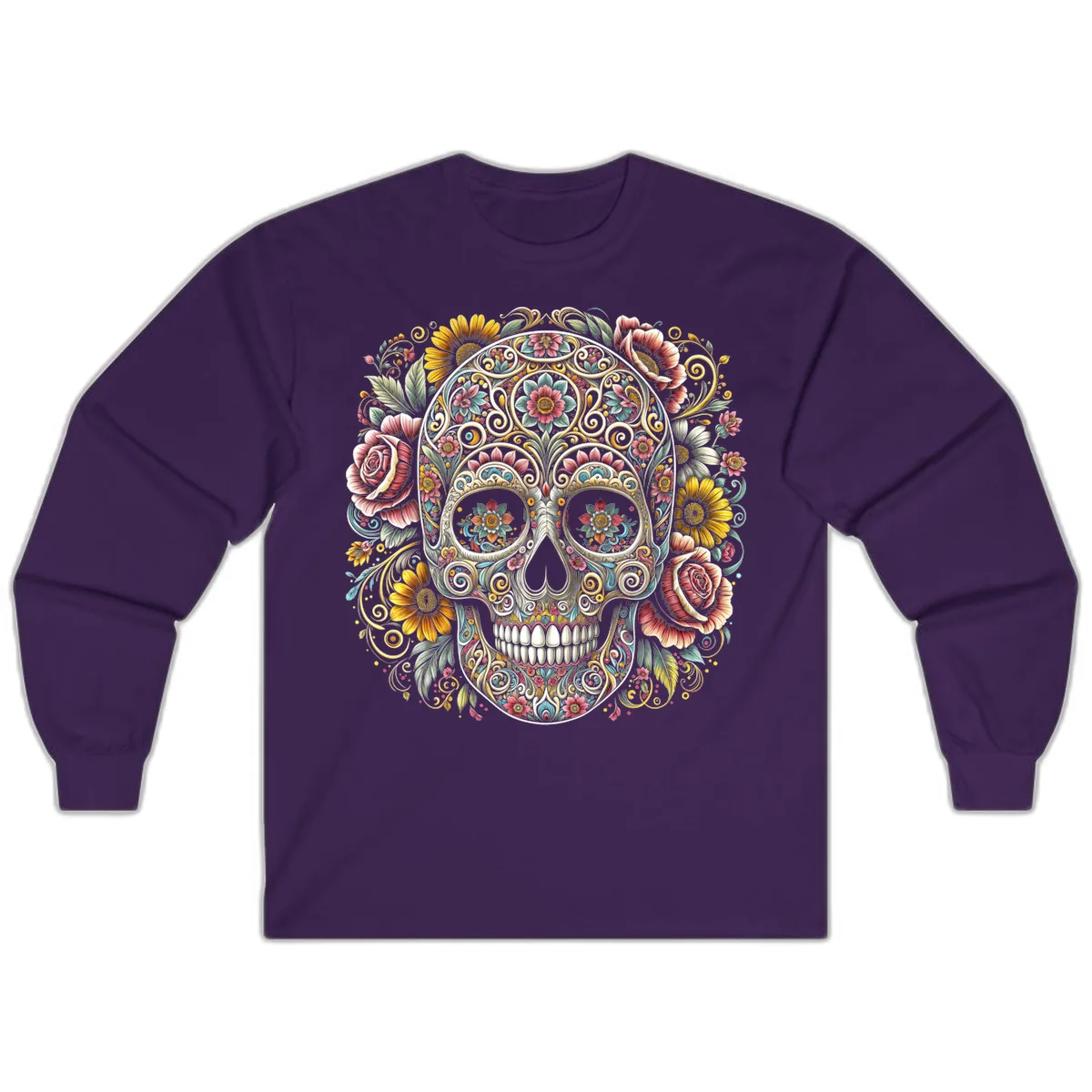 Intricate Floral Calavera Skull Long Sleeve in Purple