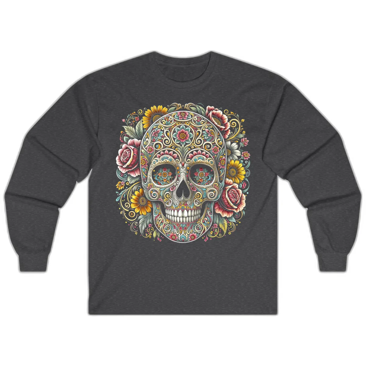 Intricate Floral Calavera Skull Long Sleeve in Dark Heather