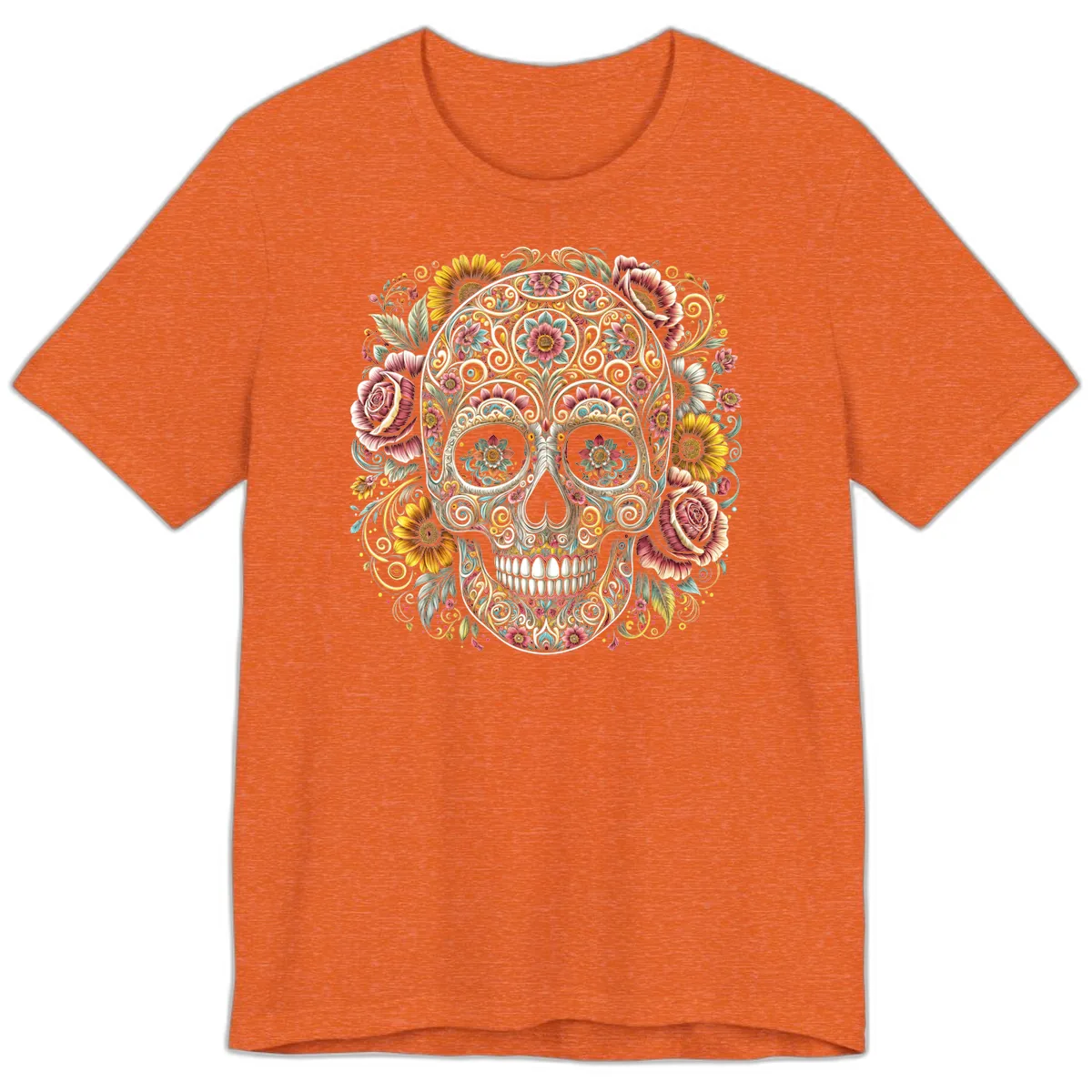 Intricate Floral Calavera Skull Premium T-Shirt in Heather Orange