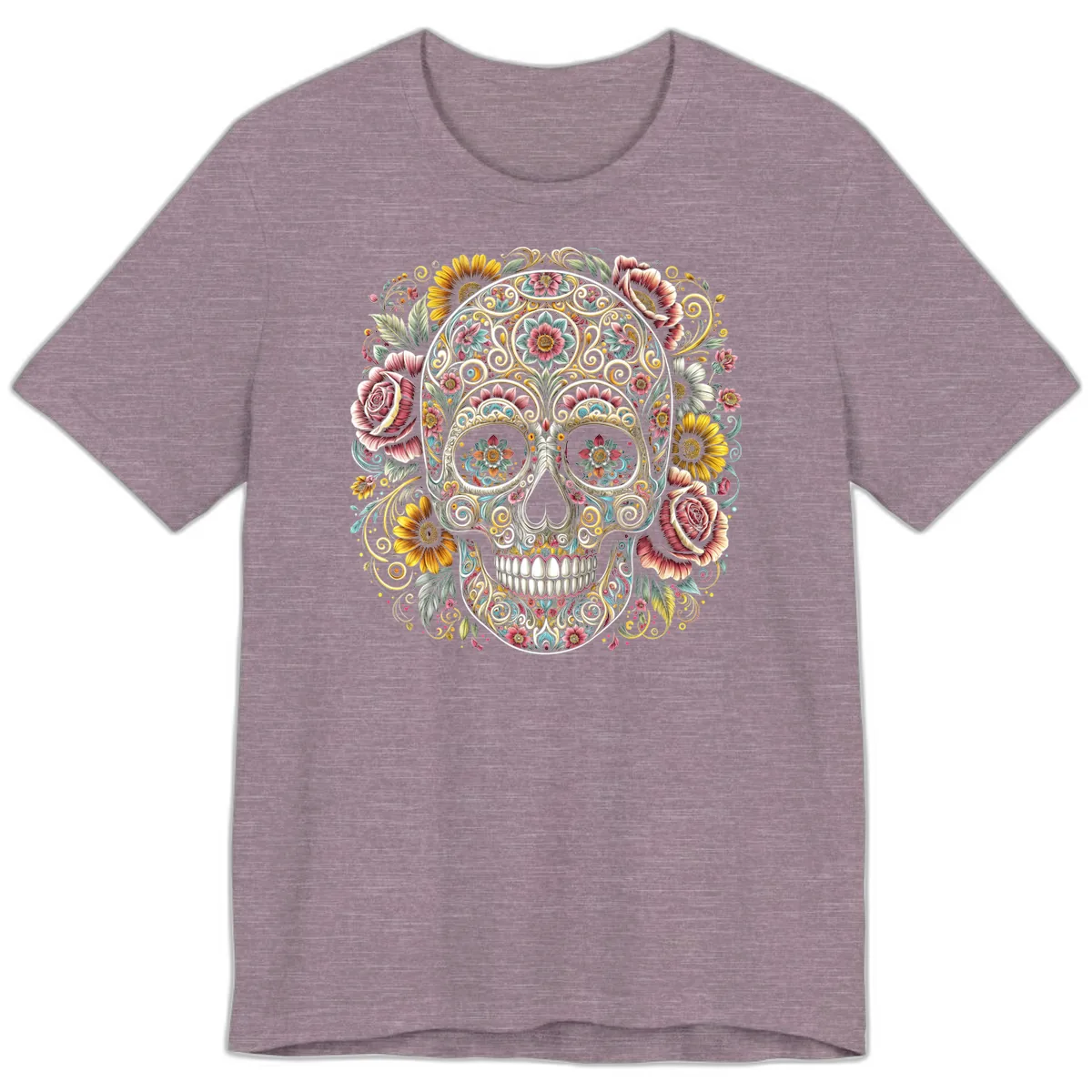 Intricate Floral Calavera Skull Premium T-Shirt in Heather Purple